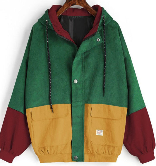 College Loose Color Hooded Corduroy Overalls Coats