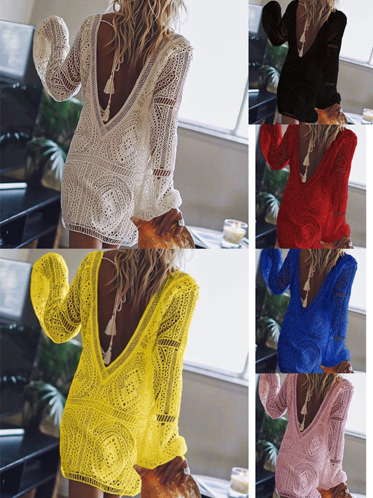 Women's Loose Beach Long Sleeve V-neck Lace Dresses