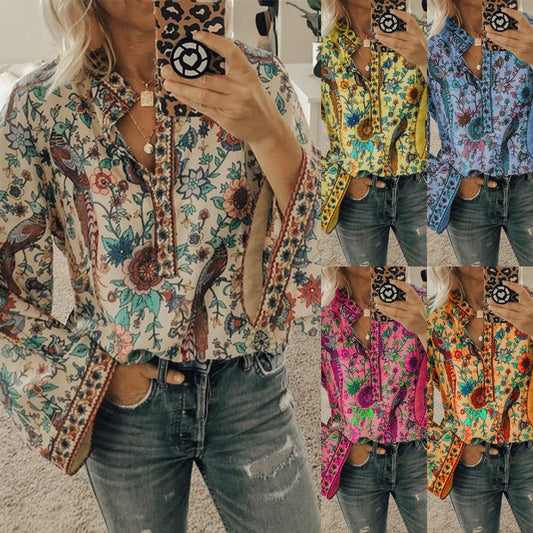 Autumn Peacock Printings Loose Button Long Sleeve Blouses