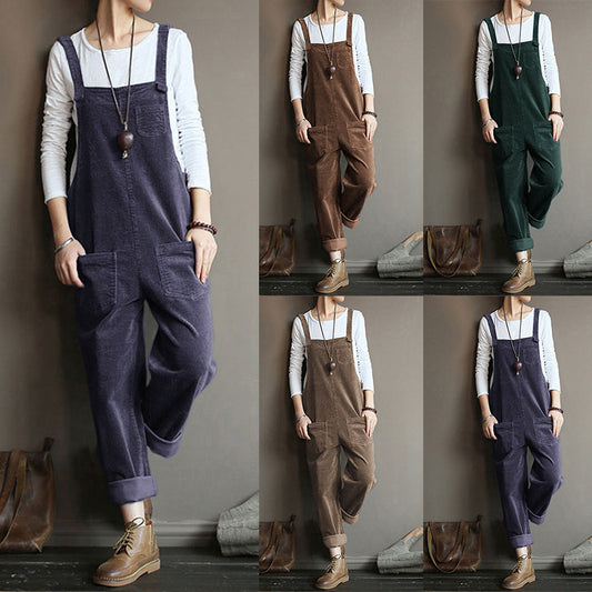 Corduroy Solid Color Casual Long Suspender Pants