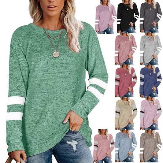 Women's Ladies Long Sleeve Patchwork Round Neck Tops