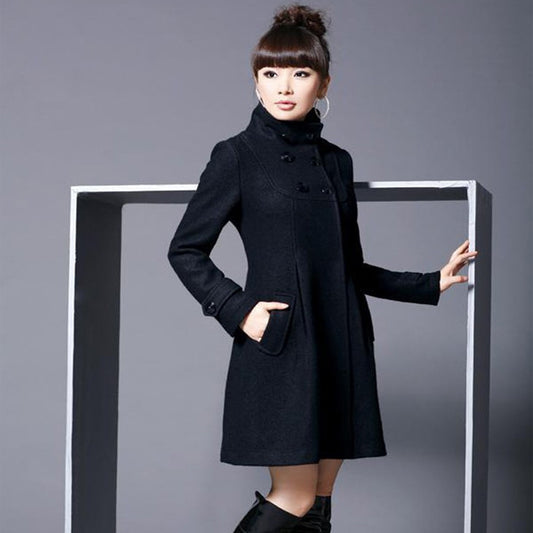 Women's Woolen Mid-length Hooded Double Breasted Cloak Coats