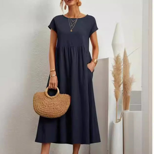 Sleeve Round Neck Cotton Linen Dress Dresses