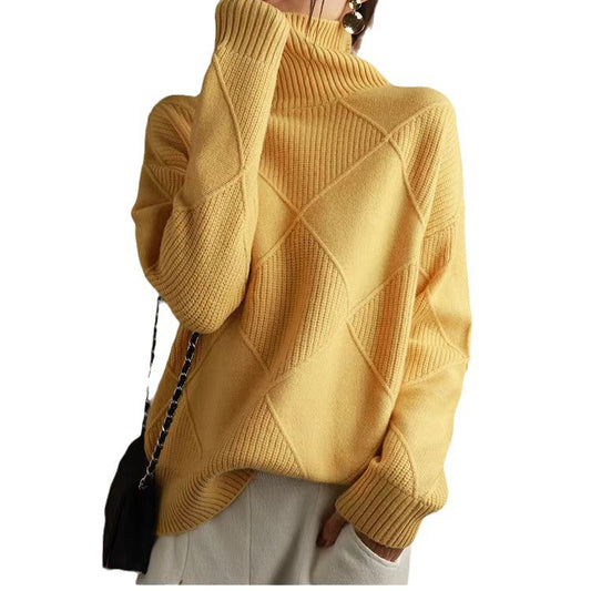 Fashion High Diamond Lattice Smooth Texture Solid Sweaters