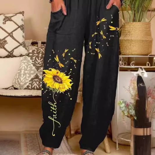 Women's Summer Loose Casual Print Sunflower Elastic Pants