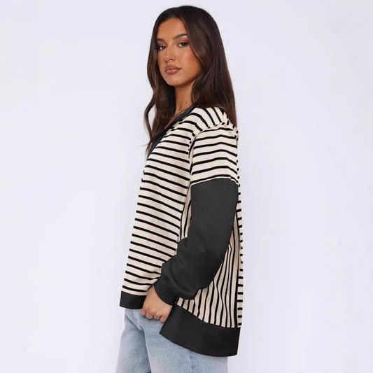 Women's Loose Contrast Color Striped Split Casual Sweaters