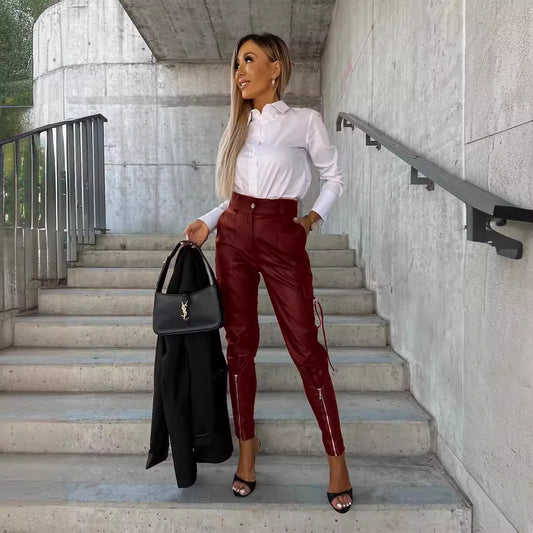 Fashionable Leather Waist Skinny Trousers Pockets Pants