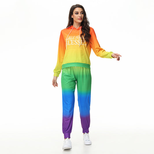 Women's Hooded Fashionable Stylish Rainbow Gradient Casual Suits