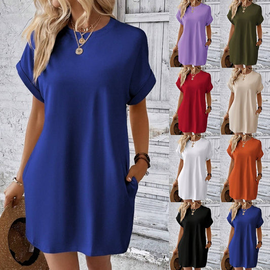 Women's Color Round Neck Loose Sleeve Pocket Dresses