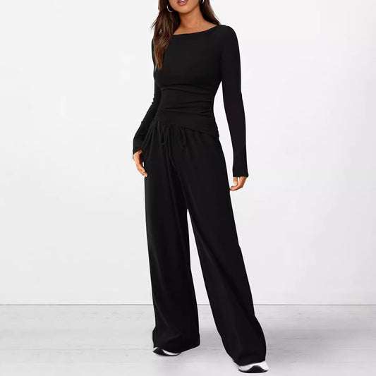 Autumn Casual Asymmetric T-shirt Wide Leg Pants