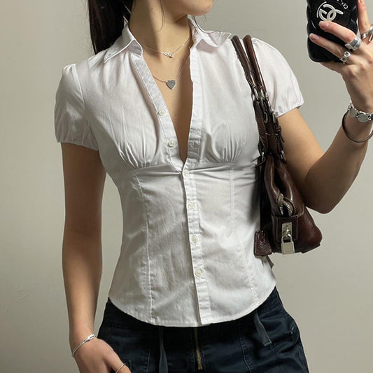 Breasted Waist Trimming Short-sleeved Shirt Female Tops