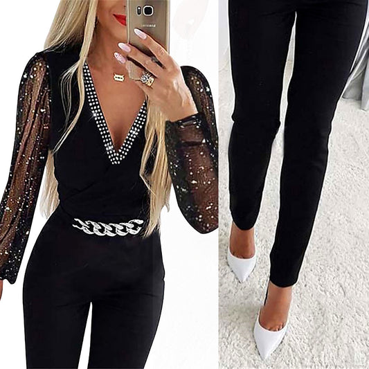 Women's Autumn Solid Color Long Sleeve Rhinestone Jumpsuits