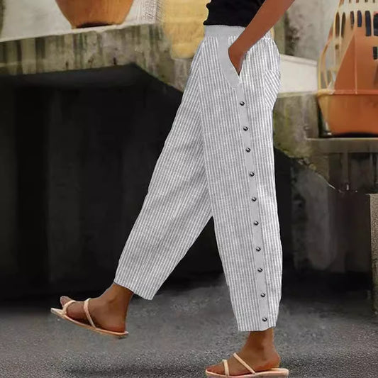 Fashionable Printed Striped Elastic Waist Cropped Pants