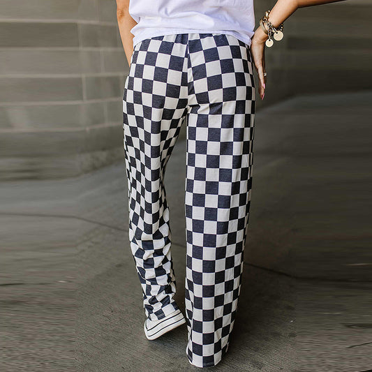 Women's Spring Chessboard Plaid Floral Print Casual Pants