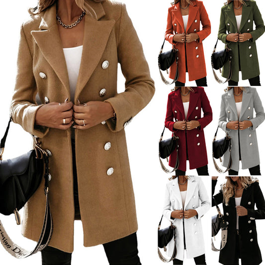 Women's Long Sleeve Collar Double Breasted Woolen Coats