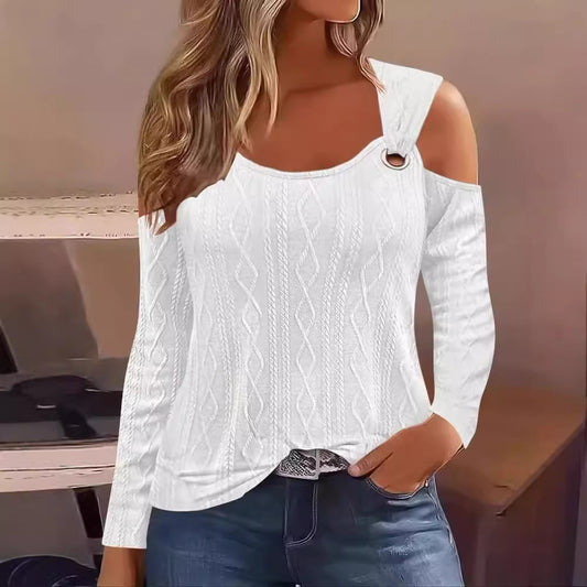 Casual Metal Buckle Jacquard Long-sleeved T-shirt Blouses