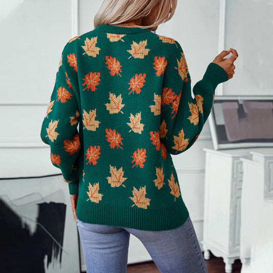 Women's Maple Leaf Pattern Jacquard Leisure Pullover Sweaters