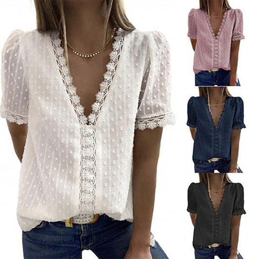 Deep V-neck Chiffon Embroidered Ruffled Sleeves Lining Blouses