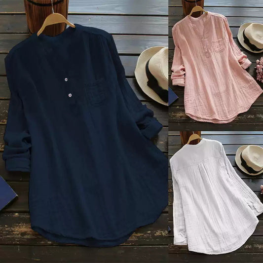 Women's Cotton Linen Long-sleeved Shirt Loose Three-color Blouses