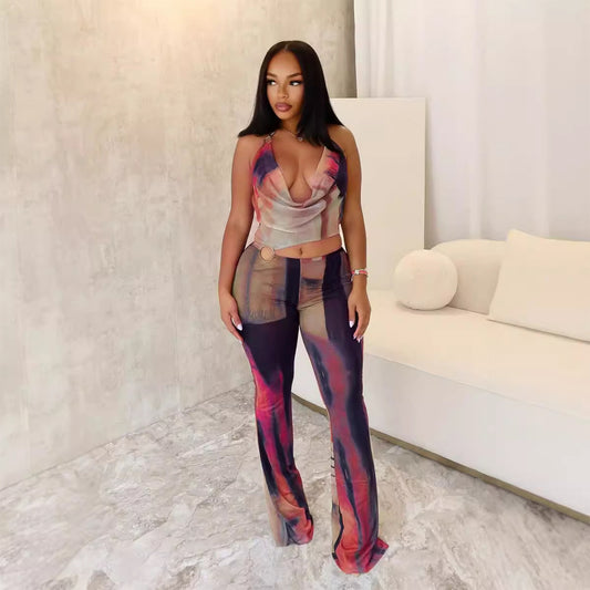 Graceful Creative Sexy Mesh Printed One-piece Pants