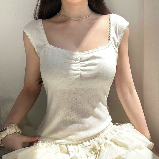 Color Small Lace Pleated Square Collar Sleeve T-shirt Maiden Tops