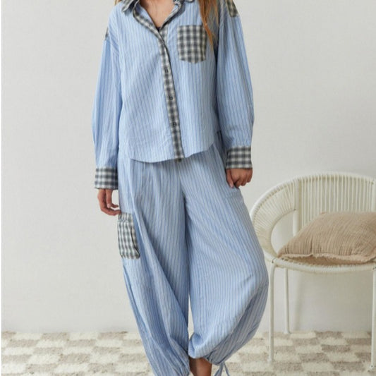 Women's Autumn Casual Plaid Shirt Outfit Pajamas Suits