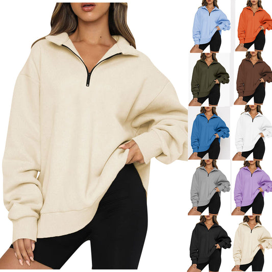 Women's Casual Half Long-sleeve Zipper Fleece-lined Pocket Sweaters