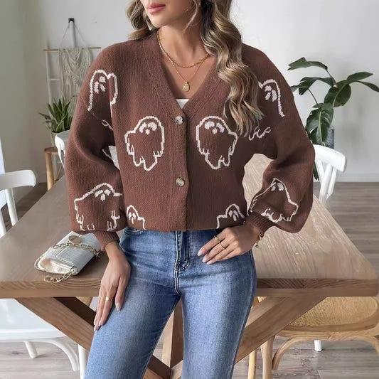 Women's Halloween Loose Casual Button Cartoon Jacquard Sweaters