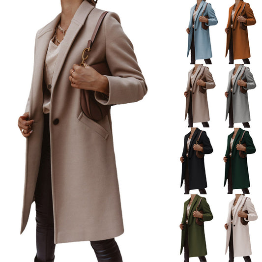 Women's Solid Color Polo Collar Mid-length Button Woolen Coats