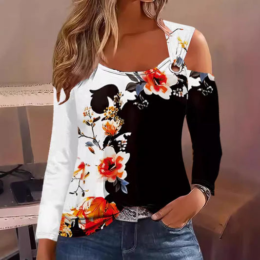 Casual Metal Buckle Long Sleeve Printed Blouses