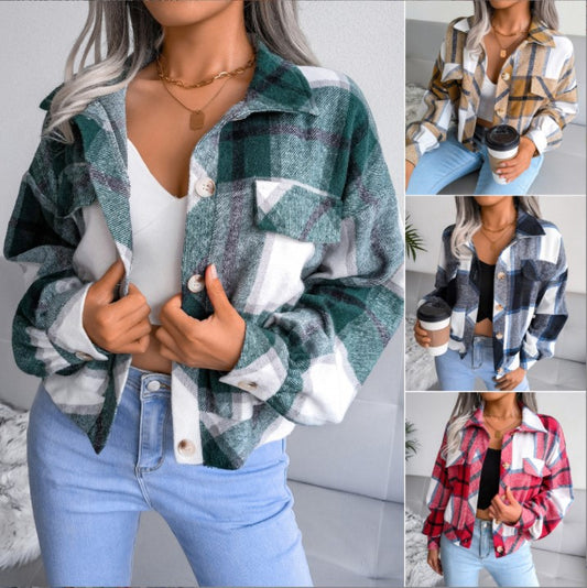 Women's Plaid Lantern Long Sleeve Woolen Coats