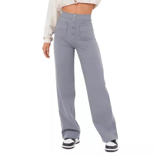 Women's Straight High Waist Button Elastic Band Pants